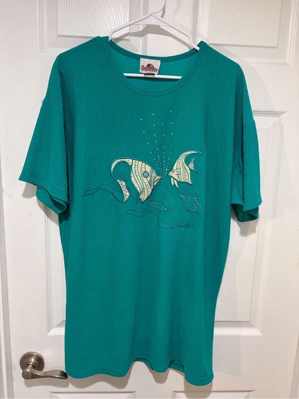 SUPERLINE Vintage 80s Teal Embroidered Tee-Fish w/Rhinstones